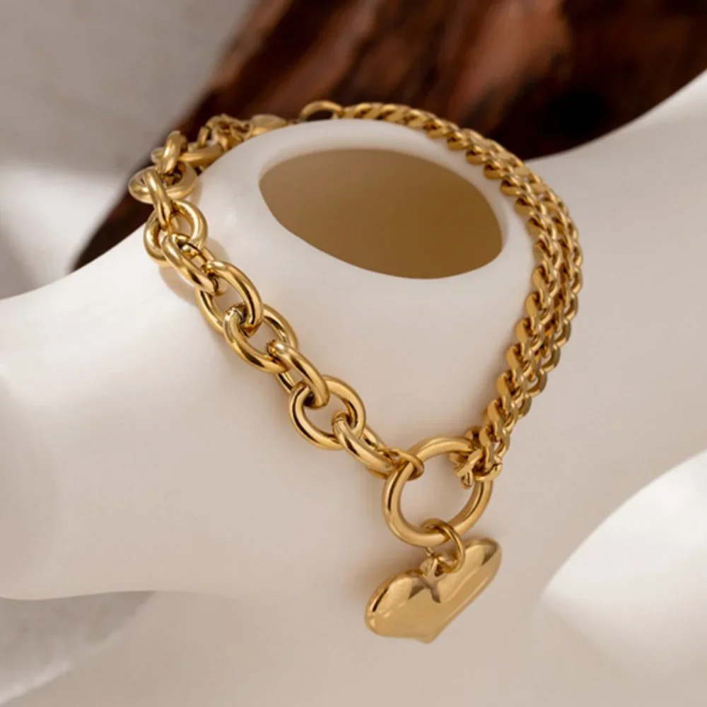 ^NEW 18K Gold Plated Chunky Link Chain Heart Circle Bracelet